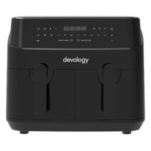 Devology Double Air Fryer - 9L - 2 x 4.5L Independent Cooking Zones - Free 50 Recipe Cookbook- 12 Cooking Programs - Digital LED Display Airfryer - Healthy Oil-free Fryer - Portable Kitchen Appliance