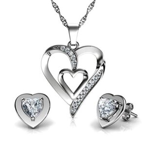 DEPHINI - Heart Necklace & White Heart Earrings SET - 925 Sterling Silver - Crystal Studs & Pendant Birthstone- Fine Jewellery set for women - 18" Rhodium Plated Silver Chain - Cubic Zirconia