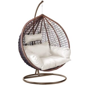 Blisswood Rattan Swing Egg Chair Garden Patio Indoor Outdoor Hanging Egg Chair With Cushion & Stand Indoor & Outdoor Egg Chair Upto 160kg Weight Capacity